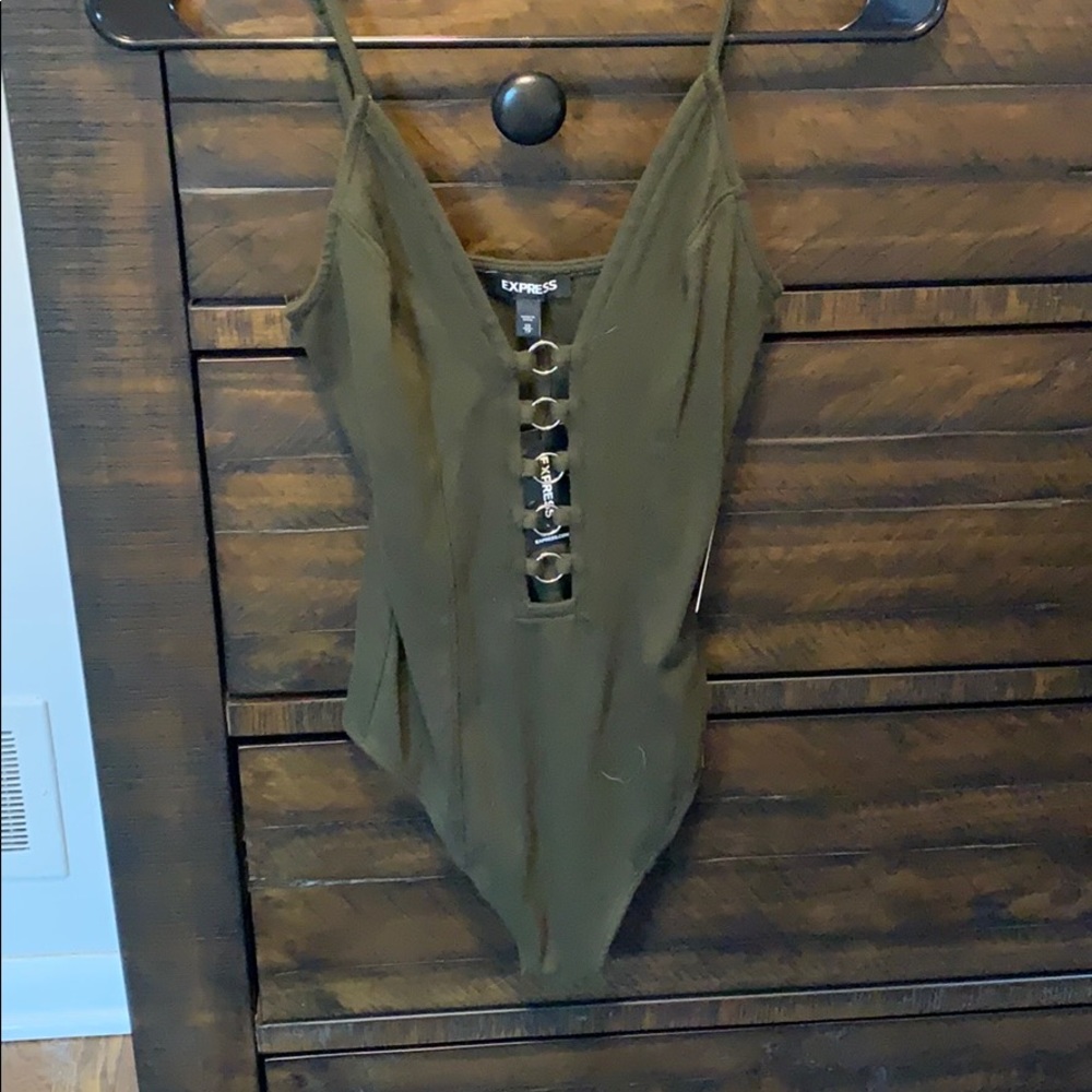 Express green deep v body suit with metal detail